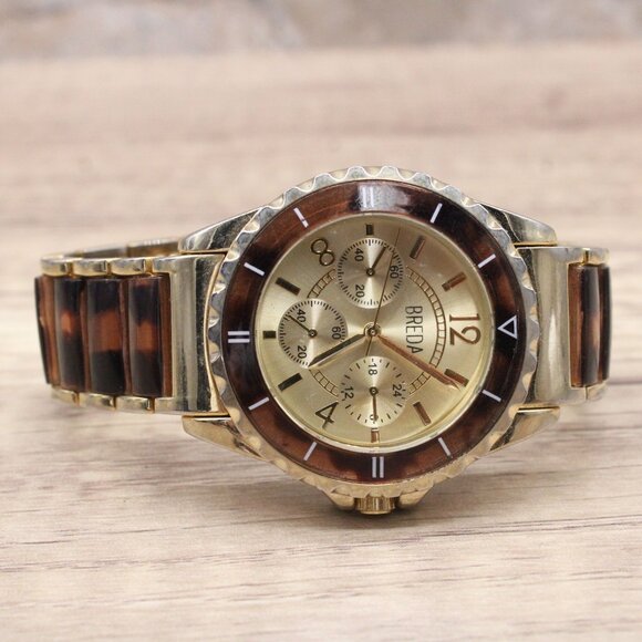 BREDA Chronograph Watch Womens Gold Tone Classic Stainless Steel Leopard Band - Picture 5 of 9